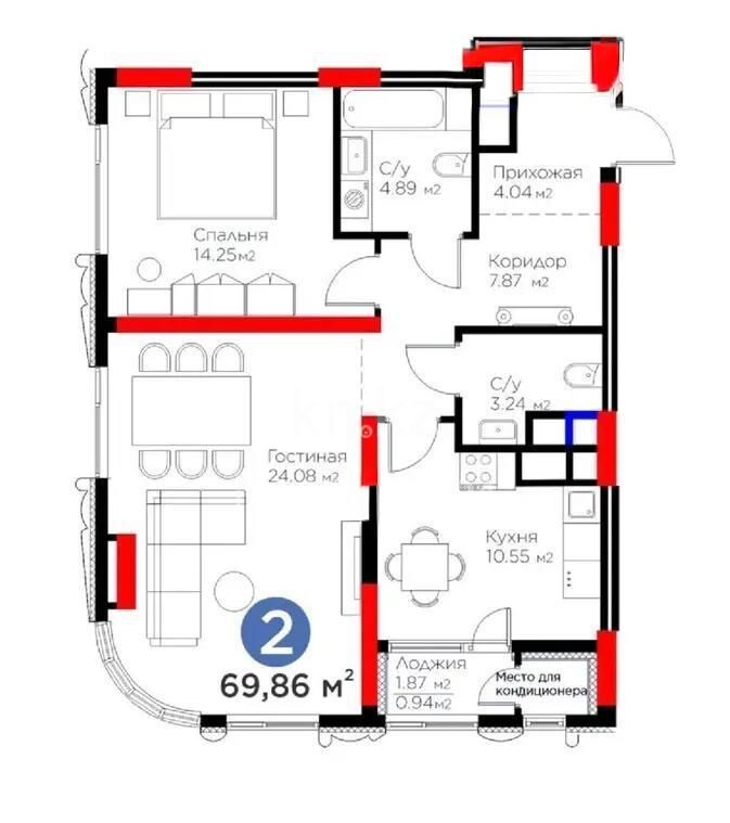 Продажа 2-комнатной квартиры, 69.86 м² - Продажа двухкомнатных квартир в блочном доме в Казахстане - страница 55 фото 1 из 1