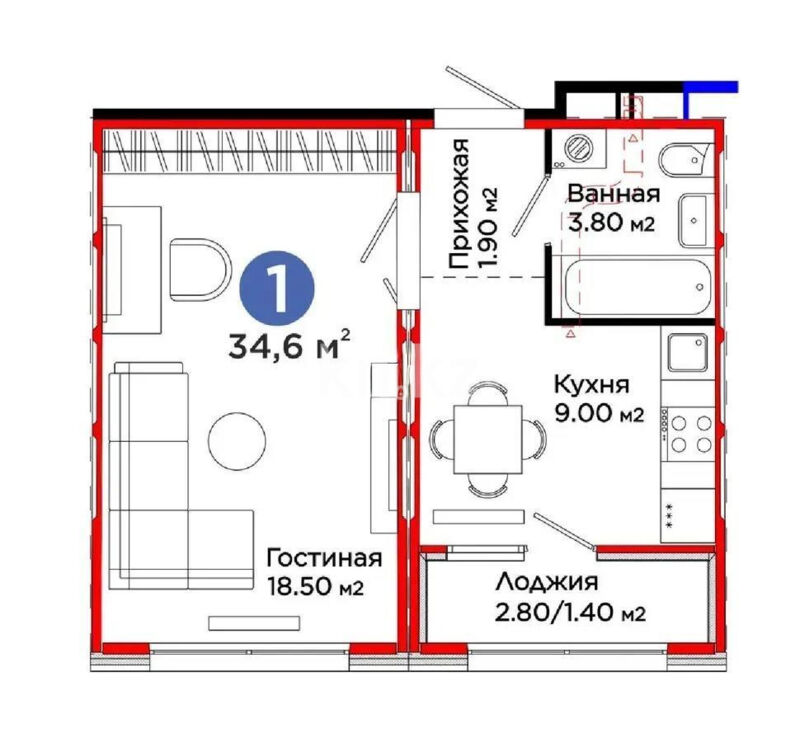 Продажа 1-комнатной квартиры, 34.6 м² - Продажа однокомнатных квартир в блочном доме в Казахстане - страница 56 фото 1 из 1