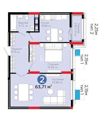 Продажа 2-комнатной квартиры, 63.71 м² - Недвижимость в Астане - страница 8 фото 1 из 1