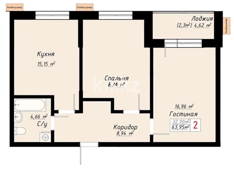 Продажа 2-комнатной квартиры, 64 м² - Продажа двухкомнатных квартир в блочном доме в Казахстане - страница 75 фото 1 из 1