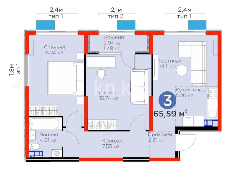 Продажа 3-комнатной квартиры, 65.59 м² - Продажа трехкомнатных квартир в монолитно-каркасном доме в Казахстане - страница 2 фото 1 из 1