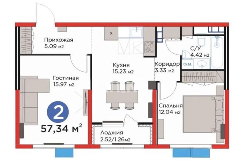 Продажа 2-комнатной квартиры, 57.34 м² - Продажа двухкомнатных квартир в Казахстане - страница 5 фото 1 из 1