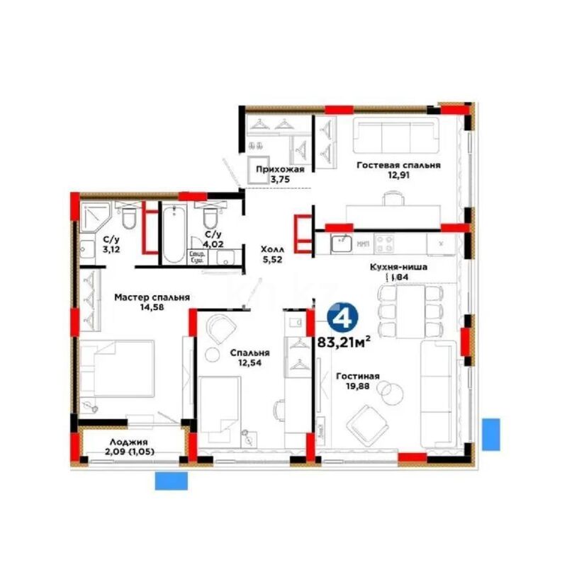 Продажа 4-комнатной квартиры, 83 м² - Продажа четырехкомнатных квартир в монолитно-каркасном доме в Казахстане - страница 21 фото 1 из 1