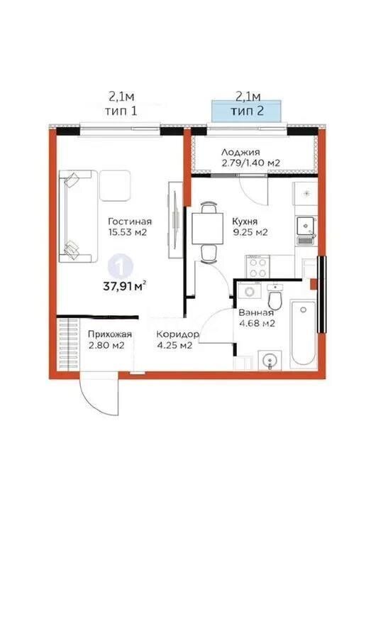 Продажа 1-комнатной квартиры, 37.91 м² - Продажа квартир в Казахстане - страница 3 фото 1 из 1