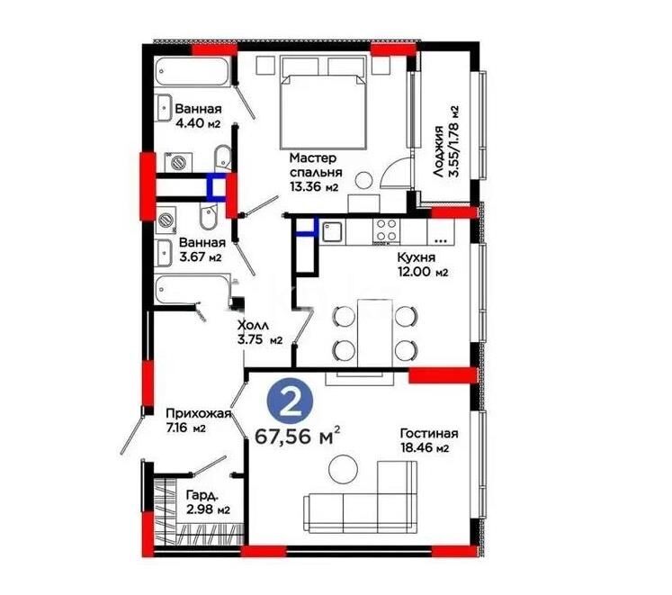 Продажа 2-комнатной квартиры, 68.5 м² - Продажа квартир в монолитно-каркасном доме в Казахстане - страница 42 фото 1 из 1