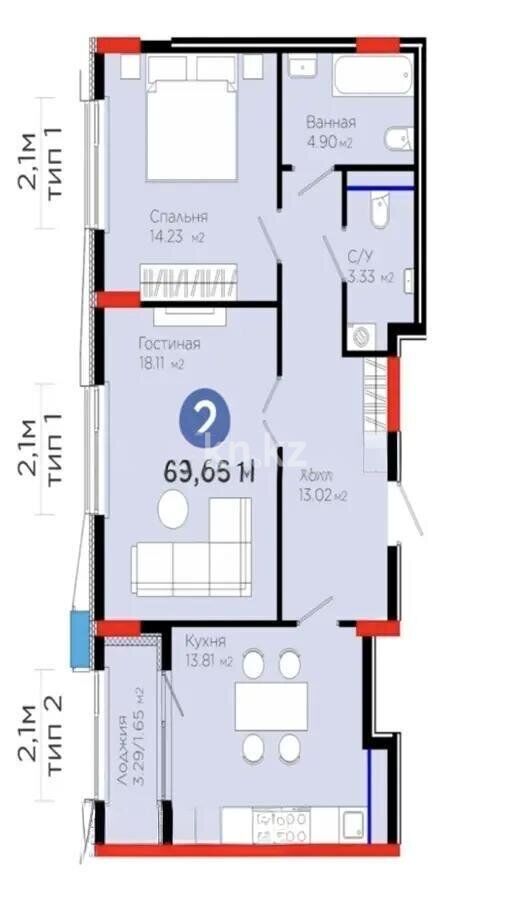Продажа 2-комнатной квартиры, 69 м² - Продажа квартир в р-не Сарайшык Астаны - страница 3 фото 1 из 1
