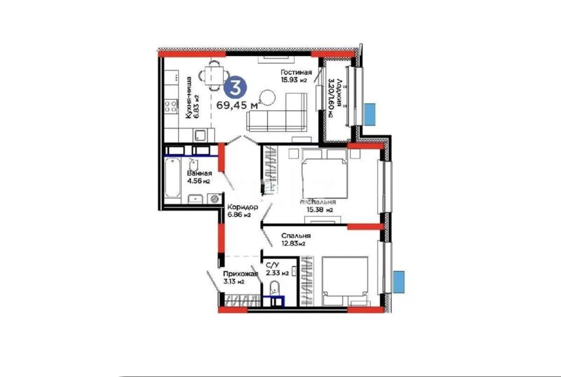 Продажа 3-комнатной квартиры, 69.45 м² - Продажа трехкомнатных квартир в блочном доме в Казахстане - страница 22 фото 1 из 1