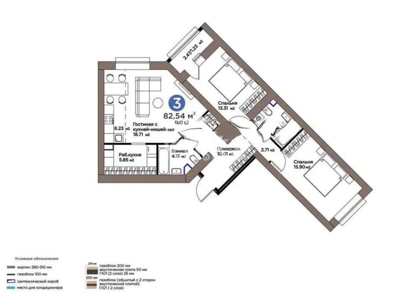 Продажа 3-комнатной квартиры, 82.54 м² - Продажа трехкомнатных квартир в кирпичном доме в Казахстане - страница 76 фото 1 из 1