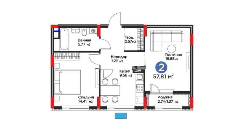 Продажа 2-комнатной квартиры, 57.81 м² - Продажа двухкомнатных квартир в блочном доме в Казахстане - страница 66 фото 1 из 1