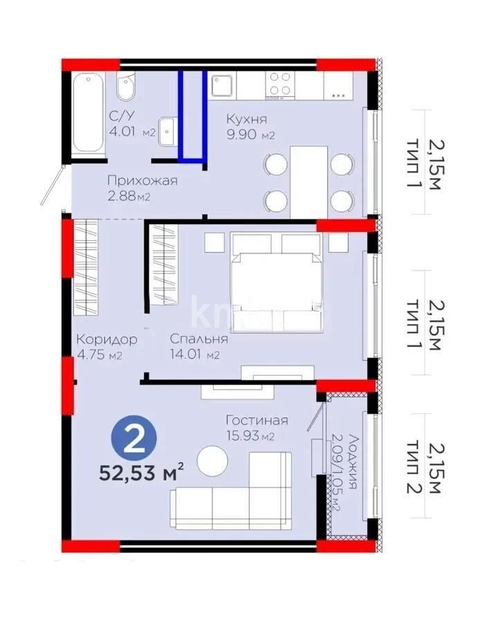 Продажа 2-комнатной квартиры, 52.53 м² - Аренда квартир помесячно в Кокшетау фото 1 из 1