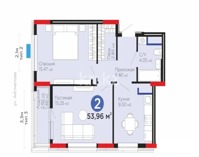 Продажа 2-комнатной квартиры, 53.96 м² - Продажа двухкомнатных квартир в блочном доме в Казахстане - страница 61 фото 1 из 1