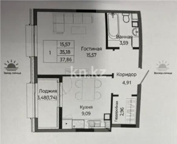 Продажа 1-комнатной квартиры, 37 м² - Продажа однокомнатных квартир в р-не Сарыарка Астаны фото 3 из 3