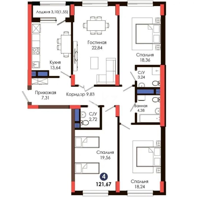 Продажа 4-комнатной квартиры, 122 м² - Продажа четырехкомнатных квартир в Астане - страница 27 фото 1 из 1