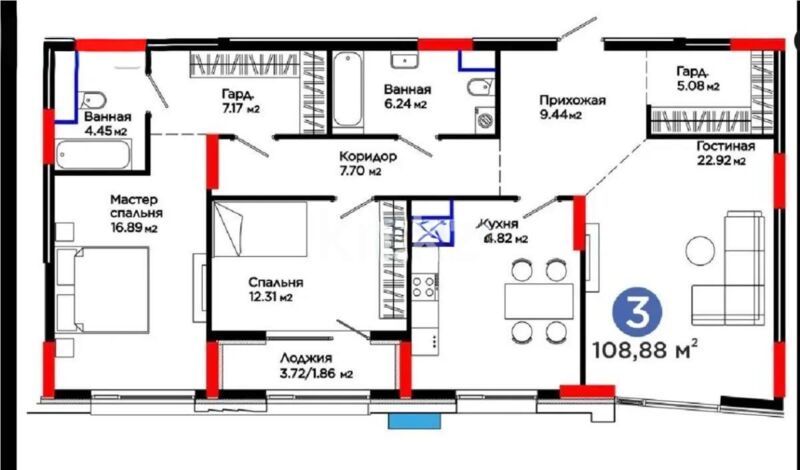 Продажа 3-комнатной квартиры, 108.88 м² - Продажа квартир в монолитно-каркасном доме в Астане - страница 141 фото 1 из 1