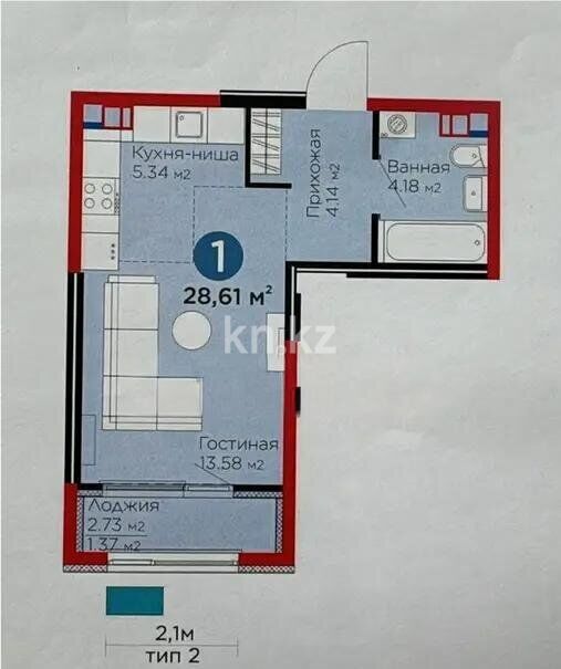 Продажа 1-комнатной квартиры, 28 м² - Продажа однокомнатных квартир в монолитно-каркасном доме в Казахстане - страница 44 фото 1 из 1
