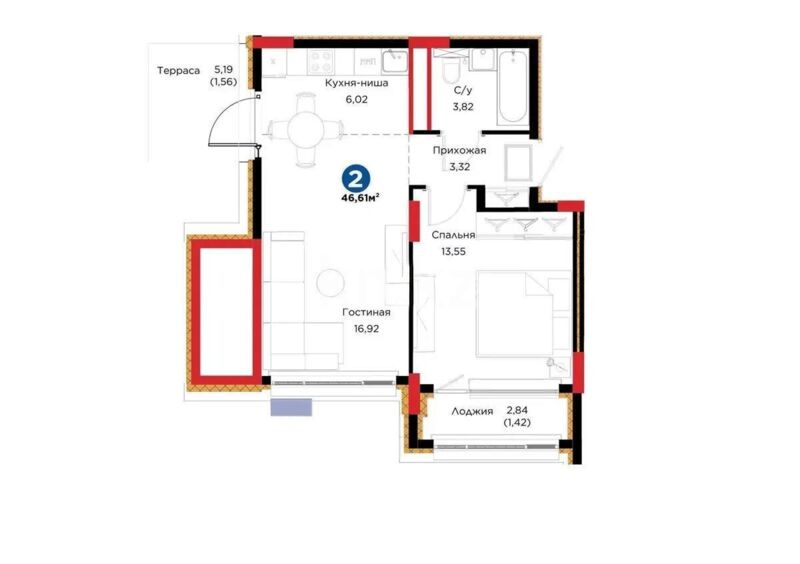 Продажа 2-комнатной квартиры, 46.61 м² - Продажа квартир в Казахстане - страница 29 фото 1 из 1