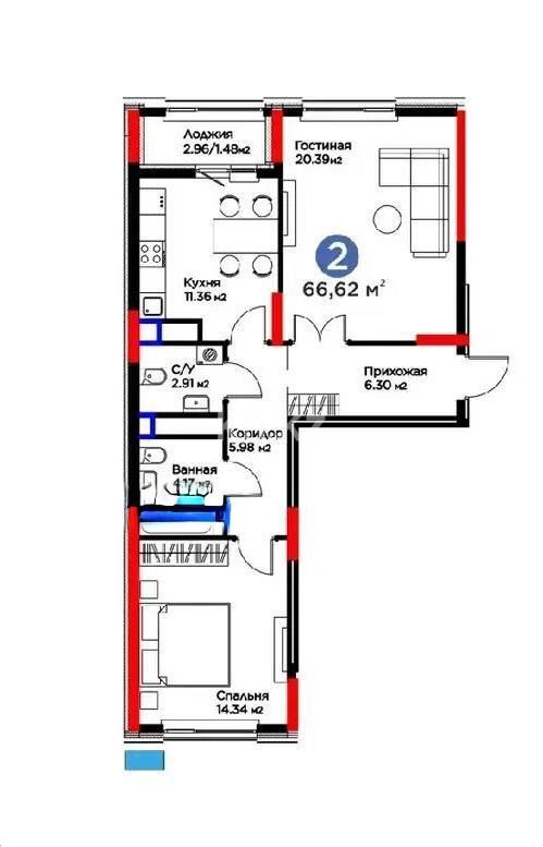 Продажа 2-комнатной квартиры, 66.62 м² - Продажа квартир в монолитно-каркасном доме в Астане - страница 41 фото 1 из 1