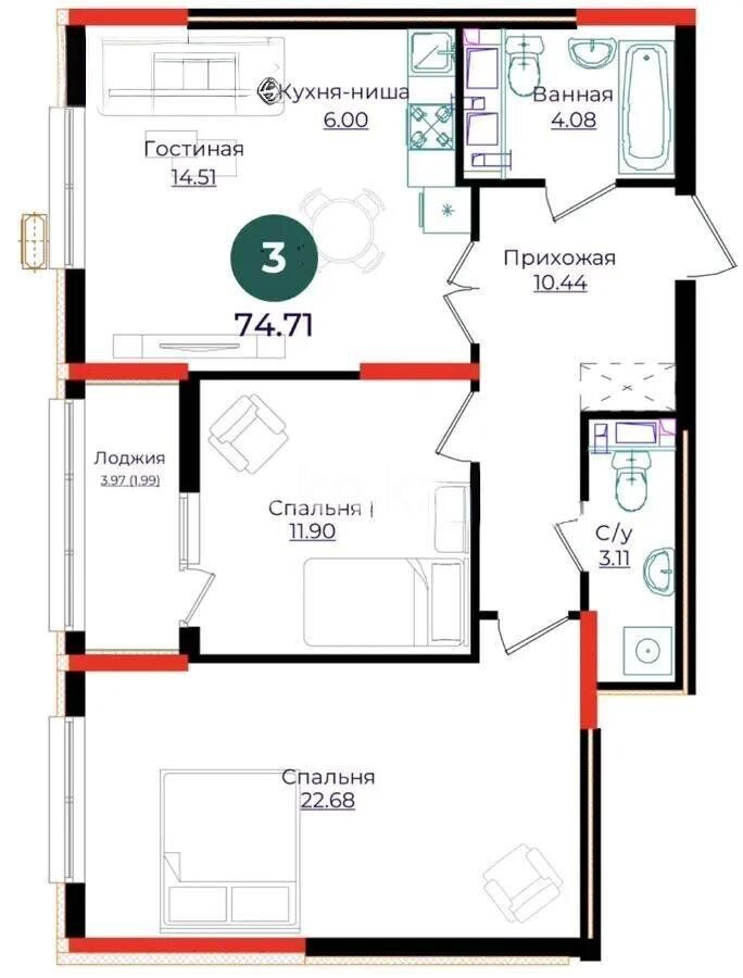 Продажа 3-комнатной квартиры, 74.71 м² - Продажа трехкомнатных квартир в р-не Сарыарка Астаны фото 5 из 5