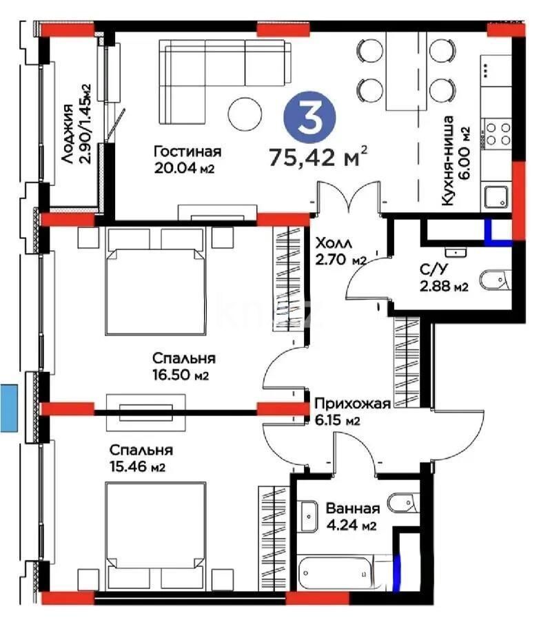 Продажа 3-комнатной квартиры, 75.42 м² - Продажа трехкомнатных квартир в блочном доме в Казахстане - страница 34 фото 1 из 1