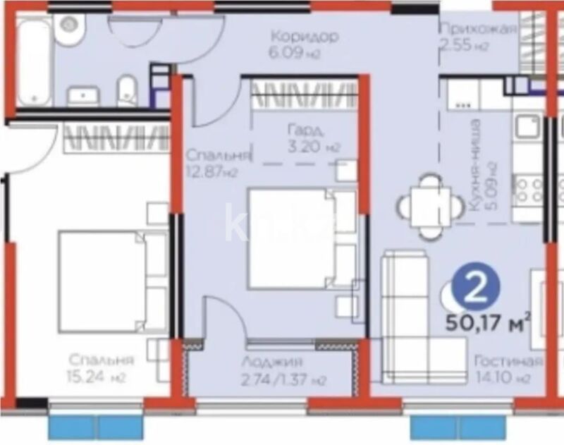 Продажа 2-комнатной квартиры, 50.17 м² - Продажа двухкомнатных квартир в монолитно-каркасном доме в Казахстане - страница 200 фото 1 из 1