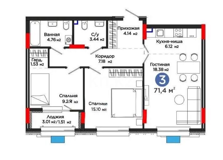 Продажа 3-комнатной квартиры, 71.4 м² - Продажа квартир в р-не Есиль Астаны - страница 29 фото 1 из 1