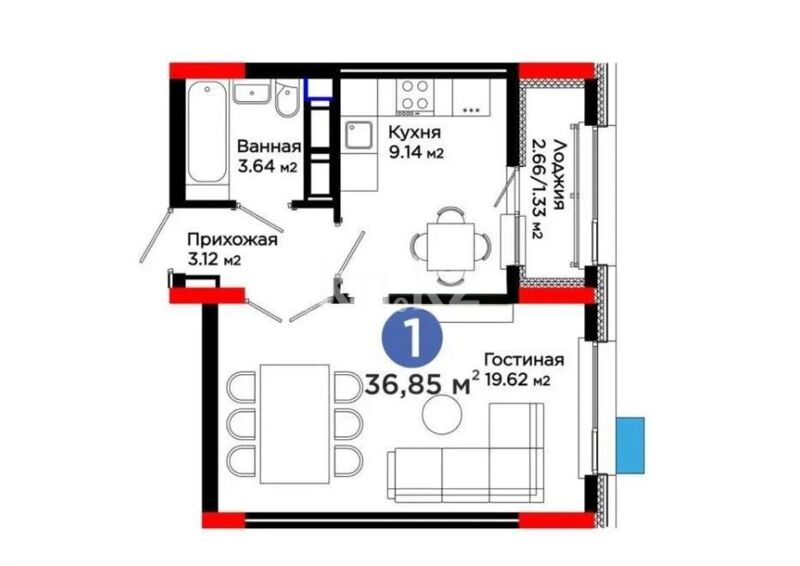 Продажа 1-комнатной квартиры, 36.85 м² - Продажа однокомнатных квартир в блочном доме в Казахстане - страница 50 фото 1 из 1