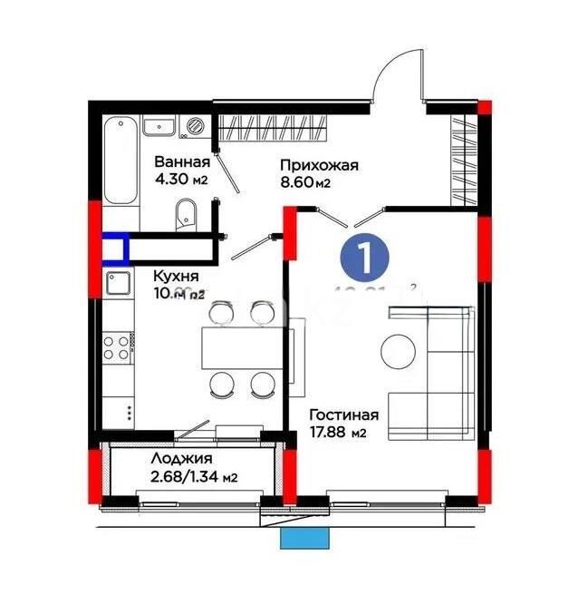 Продажа 1-комнатной квартиры, 42.81 м² - Продажа квартир в новостройках Астаны - страница 23 фото 1 из 1