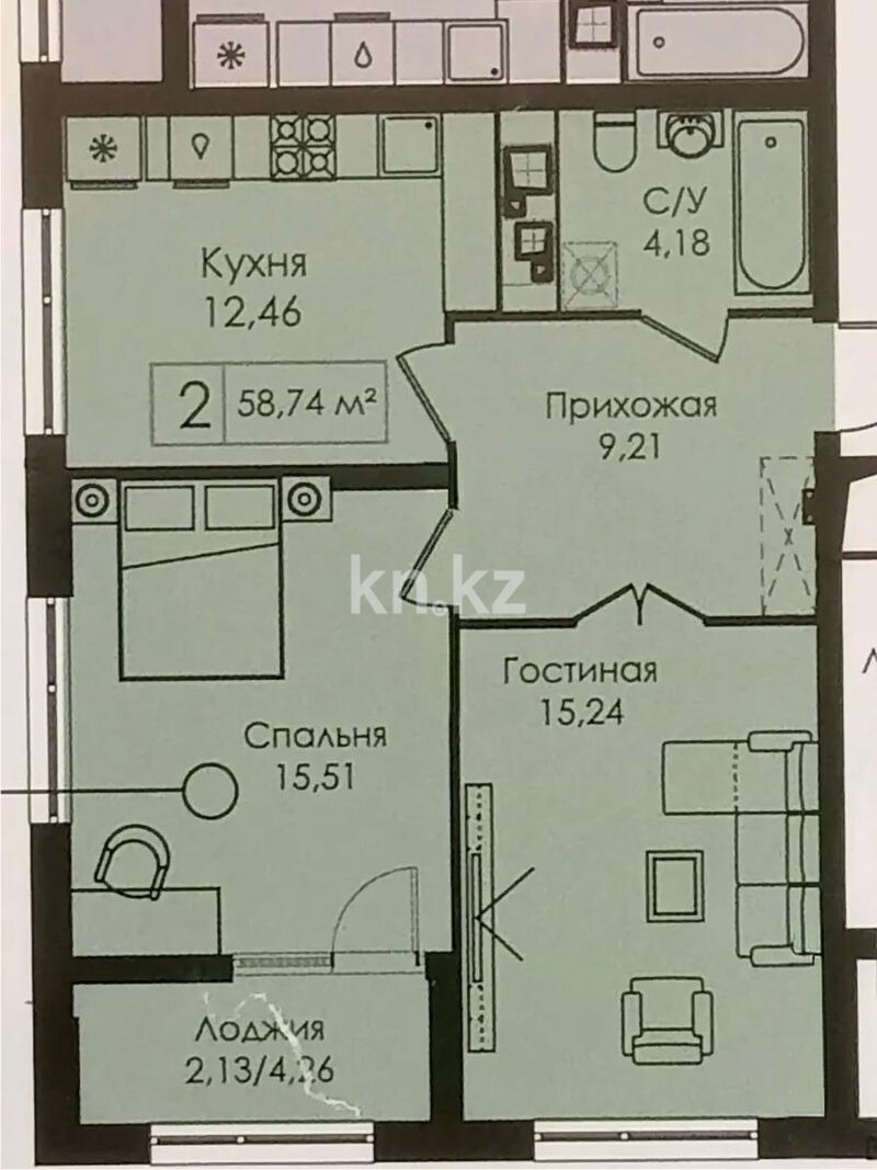 Продажа 2-комнатной квартиры, 58.74 м² - Продажа квартир в Казахстане - страница 23 фото 1 из 1