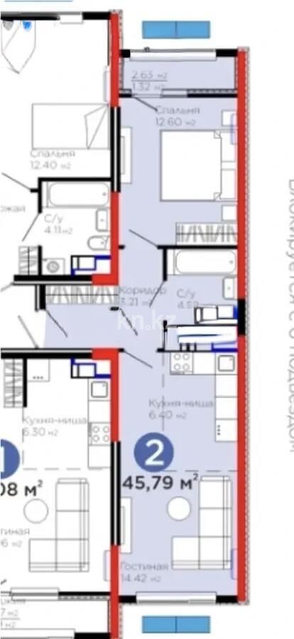 Продажа 2-комнатной квартиры, 45.79 м² - Продажа двухкомнатных квартир в монолитном доме в Казахстане - страница 12 фото 1 из 1