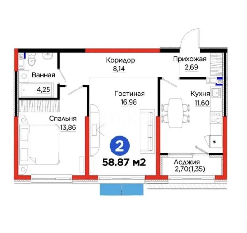 Продажа 2-комнатной квартиры, 59 м² - Продажа двухкомнатных квартир в Турксибском р-не Алматы - страница 2 фото 3 из 3
