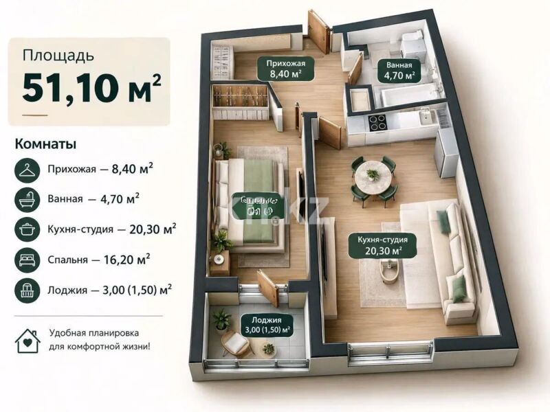 Продажа 1-комнатной квартиры, 51.1 м² - Продажа квартир в новостройках Алматы без посредников фото 1 из 1