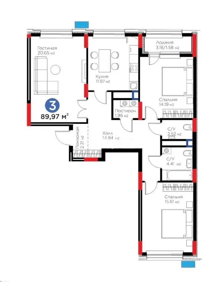 Продажа 3-комнатной квартиры, 90 м² - Продажа трехкомнатных квартир в монолитно-каркасном доме в Астане фото 1 из 1