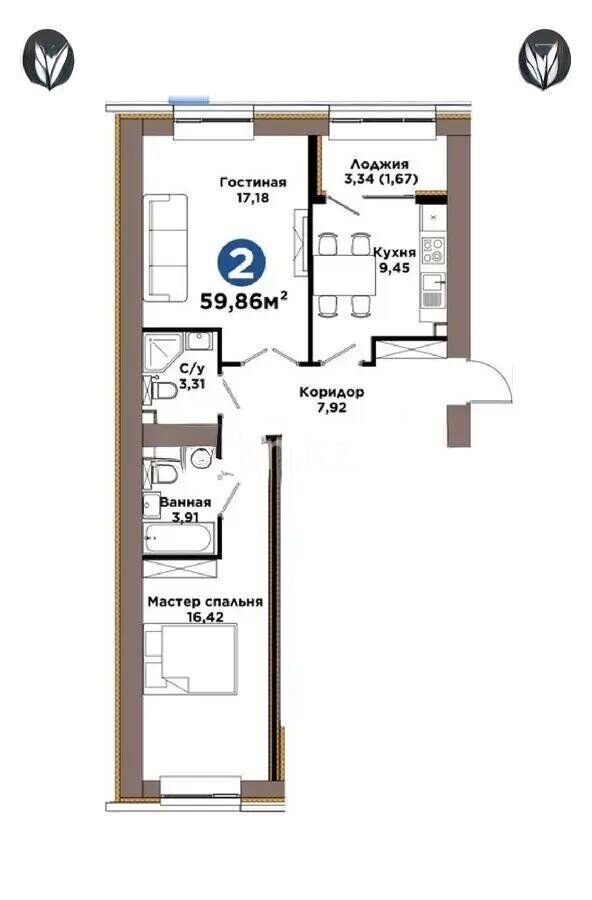 Продажа 2-комнатной квартиры, 60 м² - Продажа двухкомнатных квартир в блочном доме в Астане - страница 2 фото 1 из 1