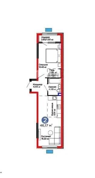 Продажа 2-комнатной квартиры, 46.17 м² - Продажа двухкомнатных квартир в монолитно-каркасном доме в Алматы - страница 85 фото 1 из 1