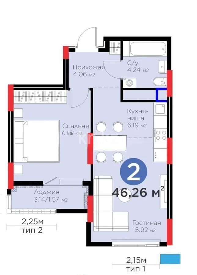 Продажа 2-комнатной квартиры, 46.26 м² - Продажа двухкомнатных квартир в р-не Есиль Астаны - страница 39 фото 1 из 1