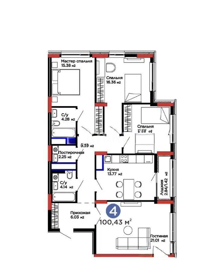 Продажа 4-комнатной квартиры, 100.43 м² - Продажа четырехкомнатных квартир в блочном доме в Казахстане - страница 9 фото 1 из 1