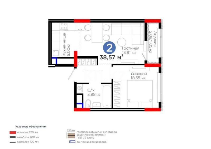 Продажа 1-комнатной квартиры, 38.57 м² - Продажа однокомнатных квартир в монолитно-каркасном доме в Астане - страница 33 фото 1 из 1
