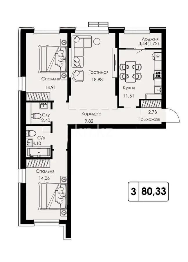 Продажа 3-комнатной квартиры, 80.33 м² - Продажа трехкомнатных квартир в Медеуском р-не Алматы фото 1 из 1