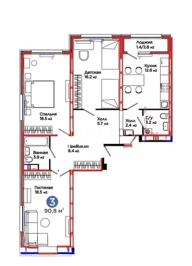 Продажа 3-комнатной квартиры, 90.8 м² - Продажа трехкомнатных квартир в р-не Сарыарка Астаны фото 1 из 1