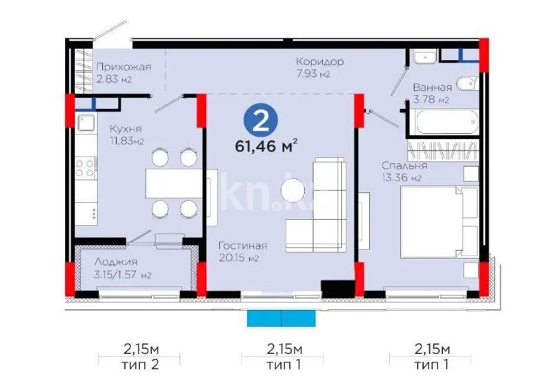 Продажа 2-комнатной квартиры, 61.6 м² - Продажа двухкомнатных квартир в блочном доме в Астане фото 2 из 2