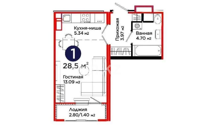 Продажа 1-комнатной квартиры, 28.5 м² - Продажа однокомнатных квартир в Казахстане - страница 3 фото 1 из 1