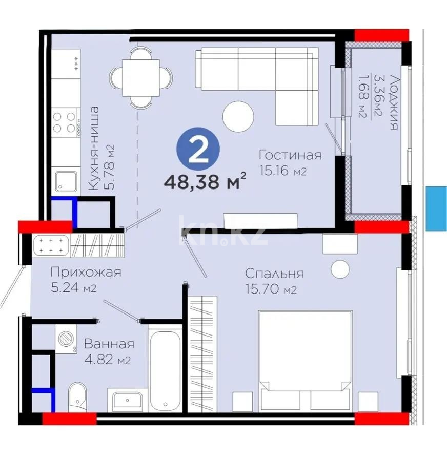 Продажа 2-комнатной квартиры, 48.3 м² в Астане - фото 5