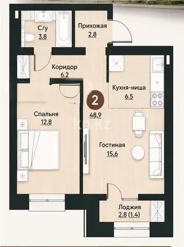 Продажа 2-комнатной квартиры, 48.2 м² в Астане