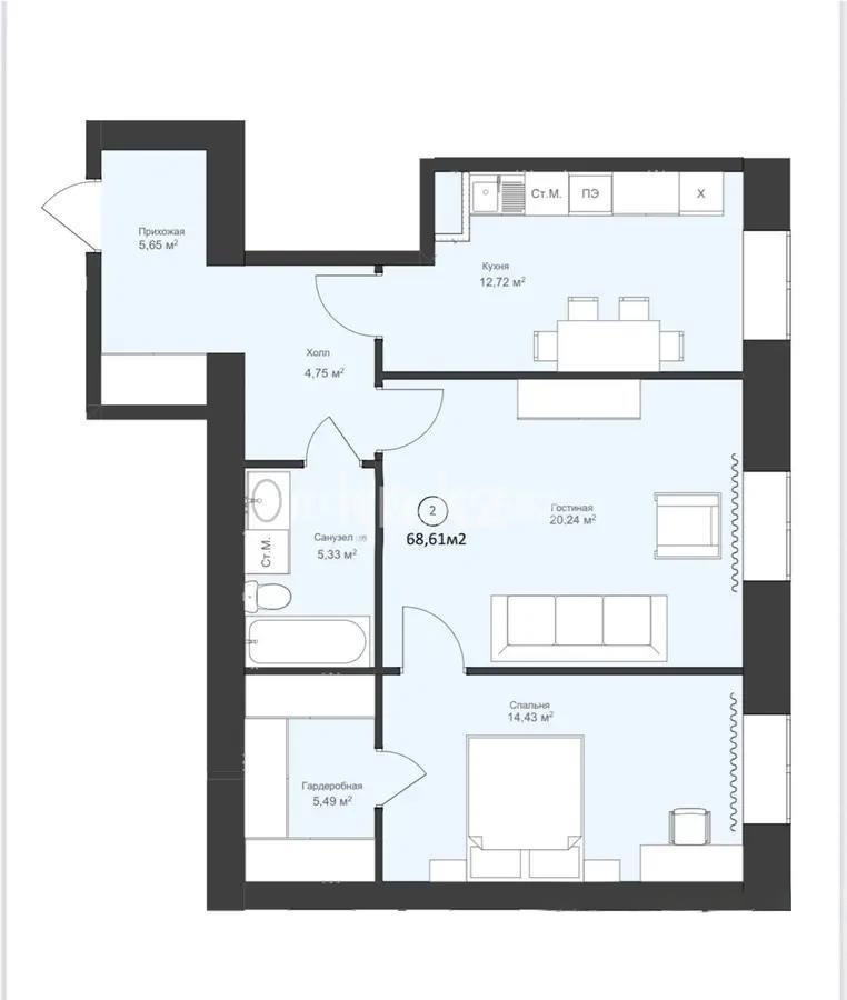 Продажа 2-комнатной квартиры, 68.61 м², ул. Караменде Би Шакаулы, дом  13 стр в Астане