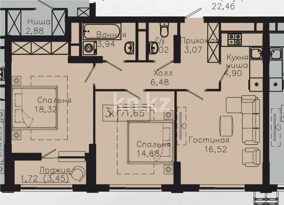 Продажа 3-комнатной квартиры, 72 м², пр. Мангилик Ел, дом  63/1 - Продажа  трехкомнатных квартир в Астане без посредников с фото фото 1 из 1