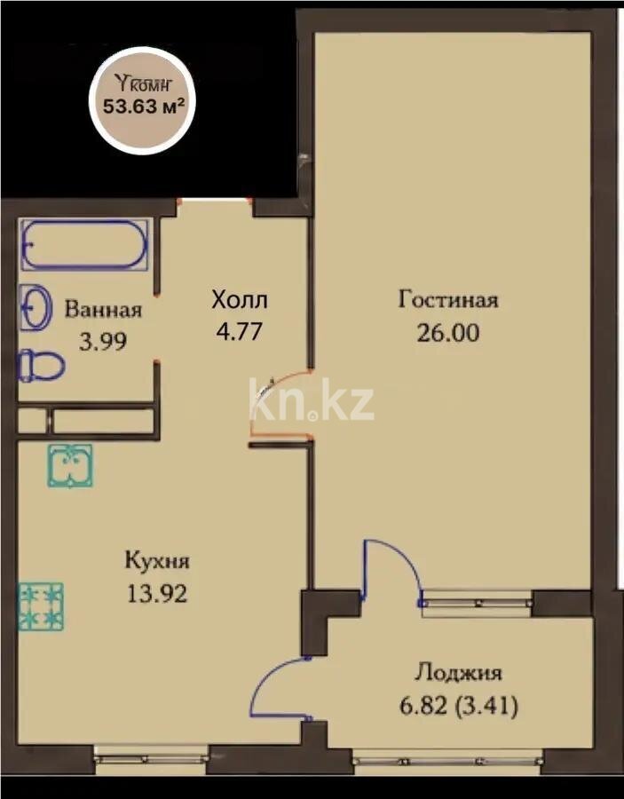 Продажа 1-комнатной квартиры, 53.63 м² в Астане
