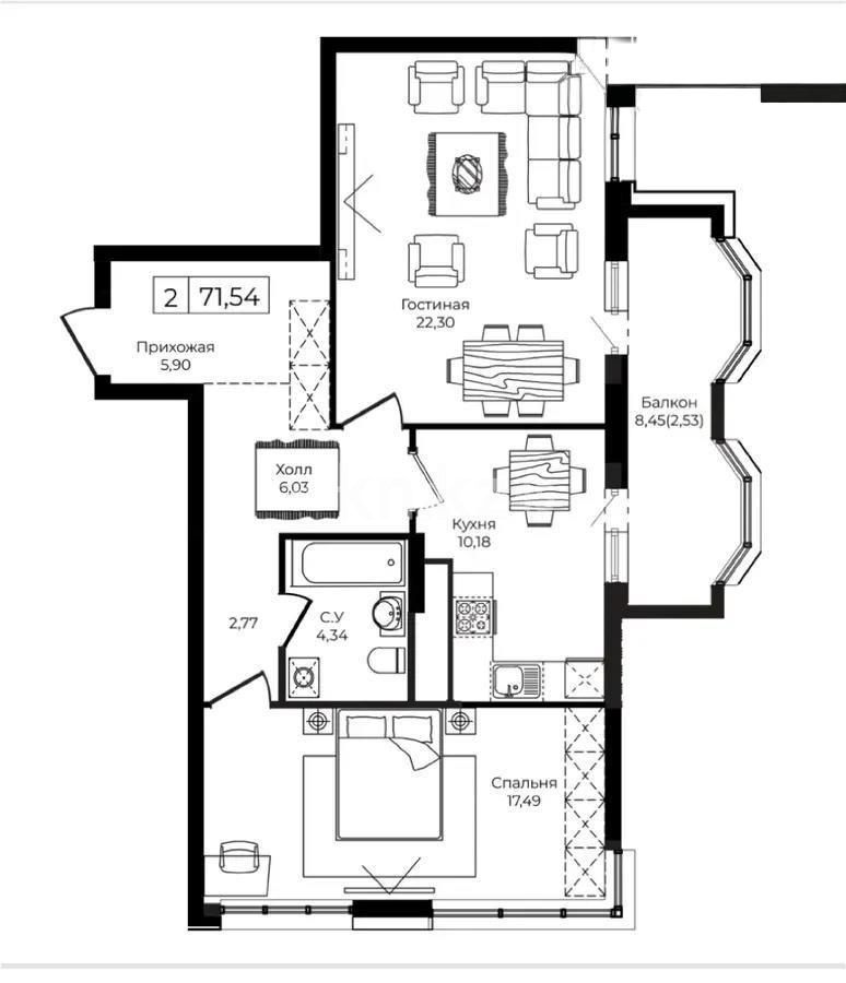 Продажа 2-комнатной квартиры, 71.54 м², ул. Анет баба, дом  4 в Астане