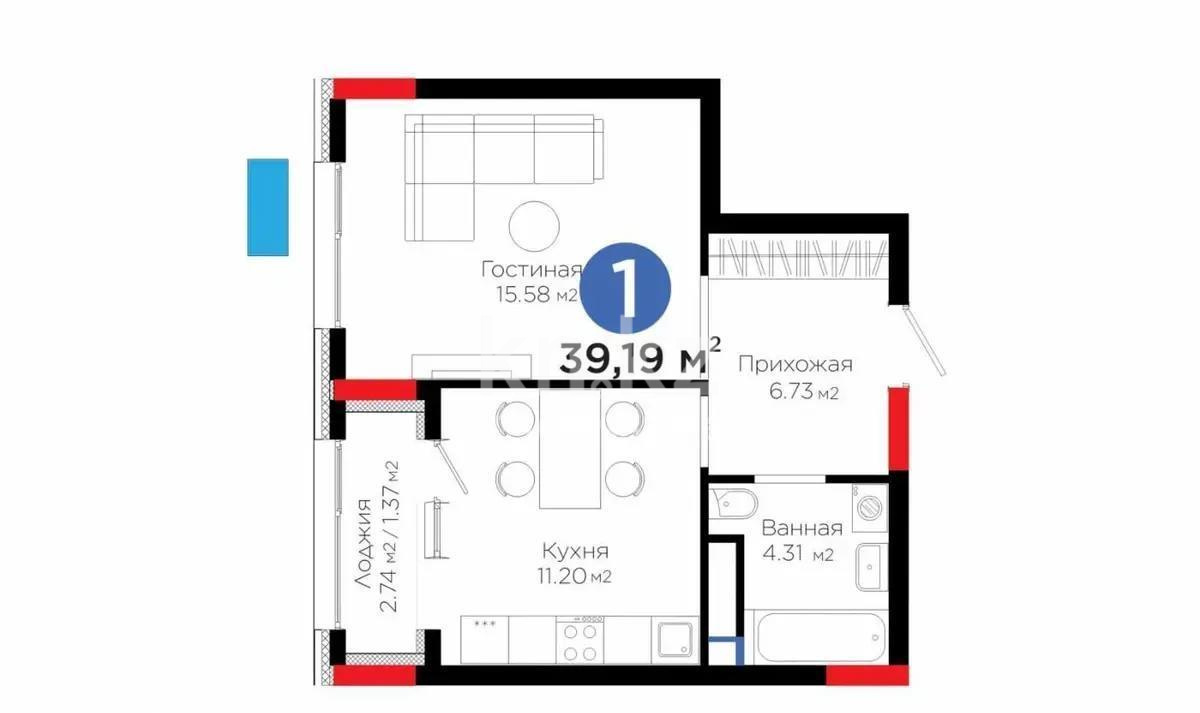 Продажа 1-комнатной квартиры, 39.19 м² в Астане