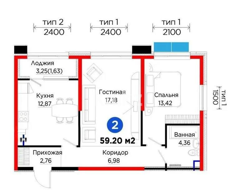 Продажа 2-комнатной квартиры, 59.2 м², ул. Тараз, дом  8/1 стр - Продажа квартир в Алматы фото 1 из 1