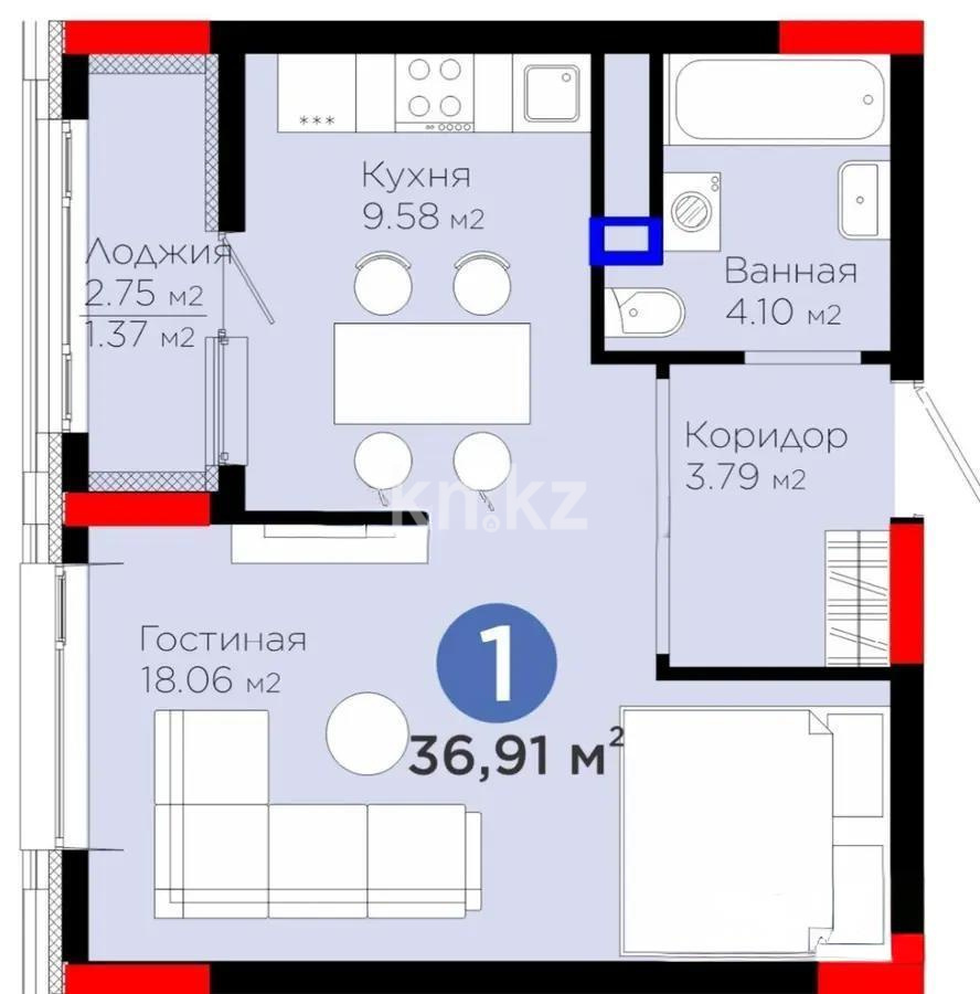 Продажа 1-комнатной квартиры, 36.91 м², ул. Бухар жырау, дом  57/6 в Астане
